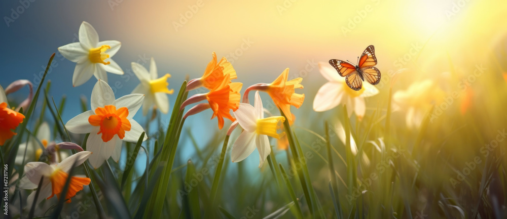 
flowers daffodils in spring summer in and orange butterfly on nature outdoors with beautiful bokeh