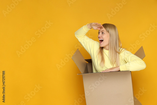 A young girl sits in a cardboard box photo