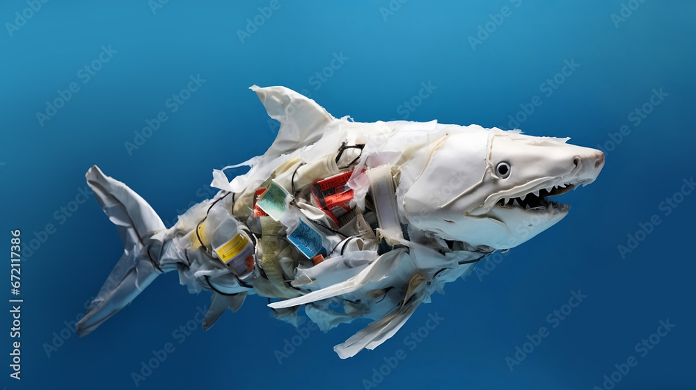 Shark made of crumpled discarded plastic waste isolated on blue background. The ecology concept of damage environment, ocean and water pollution, recycling and nature conservation. - obrazy, fototapety, plakaty 