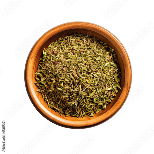 Top View of Dried Thyme Leaves in a Bowl Isolated on Transparent or White Background, PNG