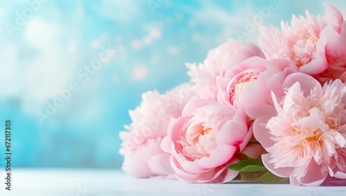  pink large flowers peonies on a light blue background
