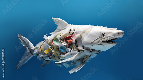 Shark made of crumpled discarded plastic waste isolated on blue background. The ecology concept of damage environment, ocean and water pollution, recycling and nature conservation. photo