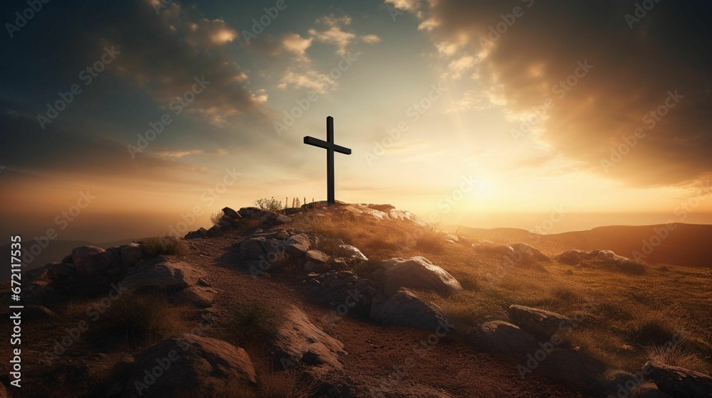 Cross at sunrise on a hill, AI-generated. Cross at sunrise on a hill, AI-generated.