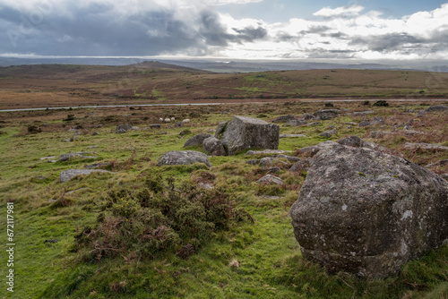 Obraz na płótnie Rugged desolate Dartmoor with single road in background