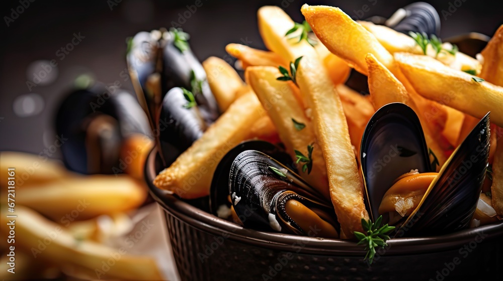 French Moules frites consists of mussels and French fried potatoes - obrazy, fototapety, plakaty 