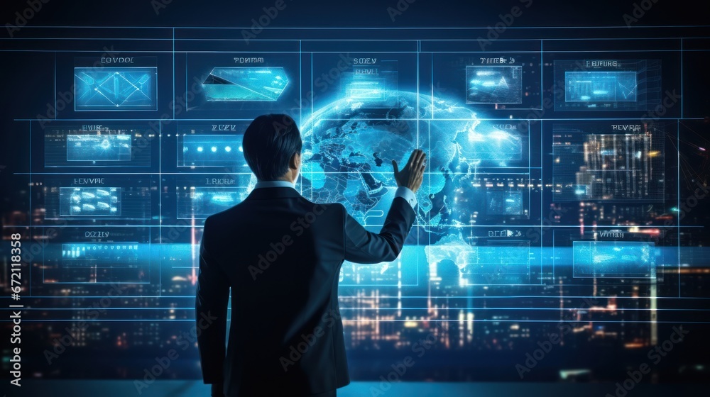 business man touching on digital business chart interface on blurry office interior background. Finance, trade, technology and future concept. business man touching on digital business chart interface on blurry office interior background. Finance, trade, technology and future concept.