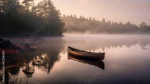 Tranquil lake with an empty boat surrounded by lush trees on a foggy day. AI-generated.