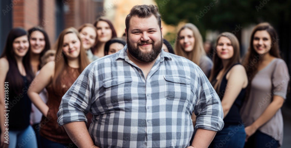 Fototapeta premium Young large, plus size man with a group of large girls behind him