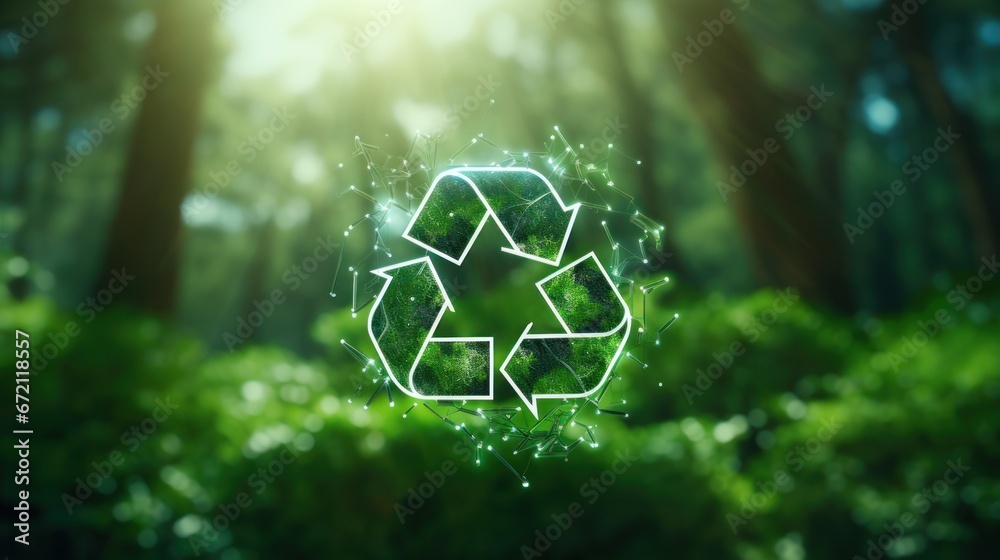 The green recycle symbol is on a green bokeh background. save the earth, Saving environment, and environmentally sustainable. Concept of the Environment World Earth Day - obrazy, fototapety, plakaty 