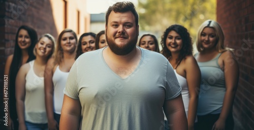 Young large, plus size  man with a group of large girls behind him photo