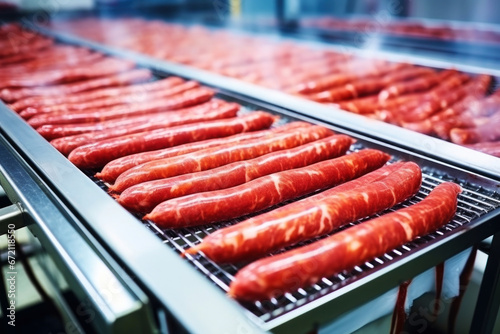Photo of hot dogs on a conveyor belt in a food processing plant. industrial production of sausage and meat in a modern plant. Smoking of sausages and meat products.