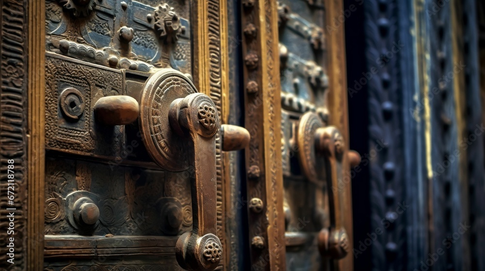 AI generated illustration of an old metal door with intricate designs and a worn patina AI generated illustration of an old metal door with intricate designs and a worn patina