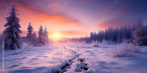 Capturing the Beauty of a Snow-Covered Landscape, Beautiful aurora borealis for anime style wallpaper, Beautiful road through the winter spruce forest 3d art work nature background, generativeAI
