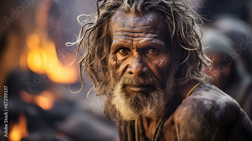An elderly Australian Aboriginal warrior, bearing the scars of war, reflects in the dim firelight, his eyes telling tales of battles past. photo