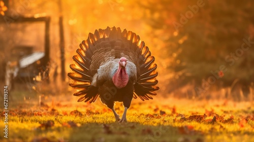 AI generated illustration of a wild turkey walking through a field