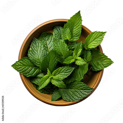 Top View of Dried Mint Leaves in a Bowl Isolated on Transparent or White Background, PNG