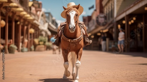 AI generated illustration of an equine wearing a hat moving along a street in an old-fashioned city