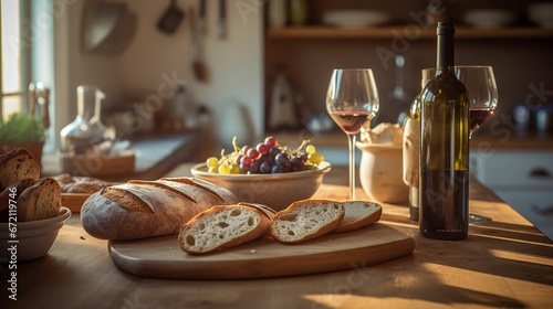 AI generated illustration of a wooden table with fresh bread and two glasses of red wine