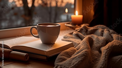 AI generated illustration of a white coffee cup of a book with a lit white candle on the side