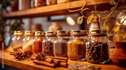 AI generated illustration of an array of spices  on a shelf in a well-stocked kitchen