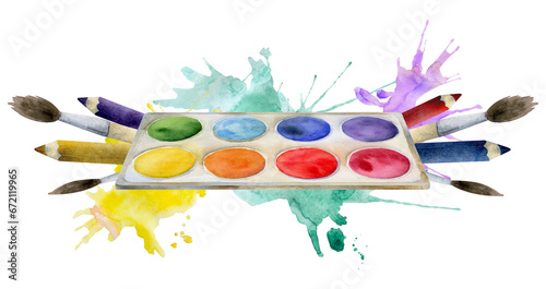 Watercolor hand drawn illustration, kids children art materials supplies, paint palette, color pencils brushes, splashes. Composition isolated on white. For school, kindergarten, party, cards, website