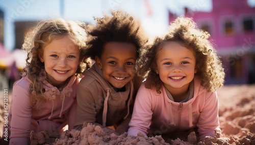 Portrait of happy children playing in sand on playground during sunny day photo