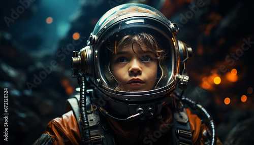 Portrait of a little boy in an astronaut helmet. Fantasy world. © Afloatingdot