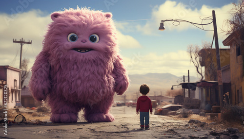 Cute little boy playing with a plush toy bear on the street photo