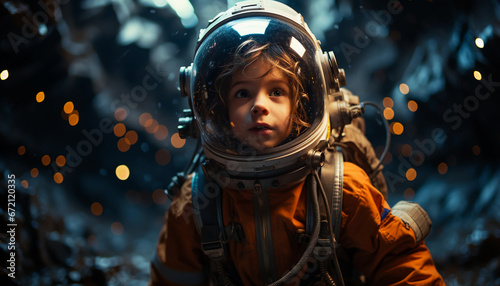 Portrait of a little boy in space suit against the background of an astronaut's planet.