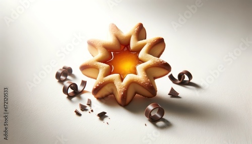 Starlit Sweetness: Linzer Cookie with Golden Apricot Jam and Chocolate Curls.