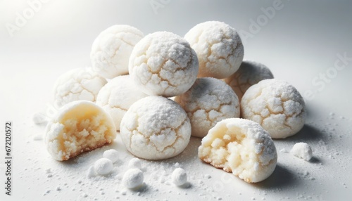 Snowball cookies generously coated with powdered sugar, some cookies split open to showcase their crumbly texture.