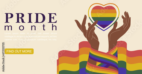 Hands holding together rainbow LGBTQ heart, pride month banner. Multiracial love. lgbtq+ support poste
