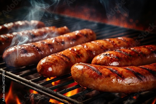 AI generated illustration of delicious char-grilled sausages sizzling over an open-flame barbecue