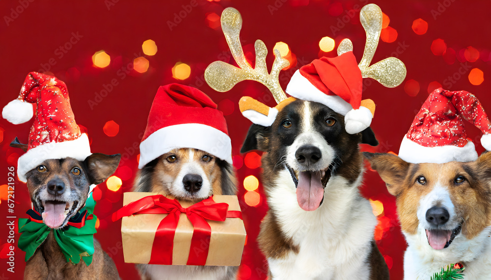 cheerful dogs with santa hats and reindeer antlers at christmas