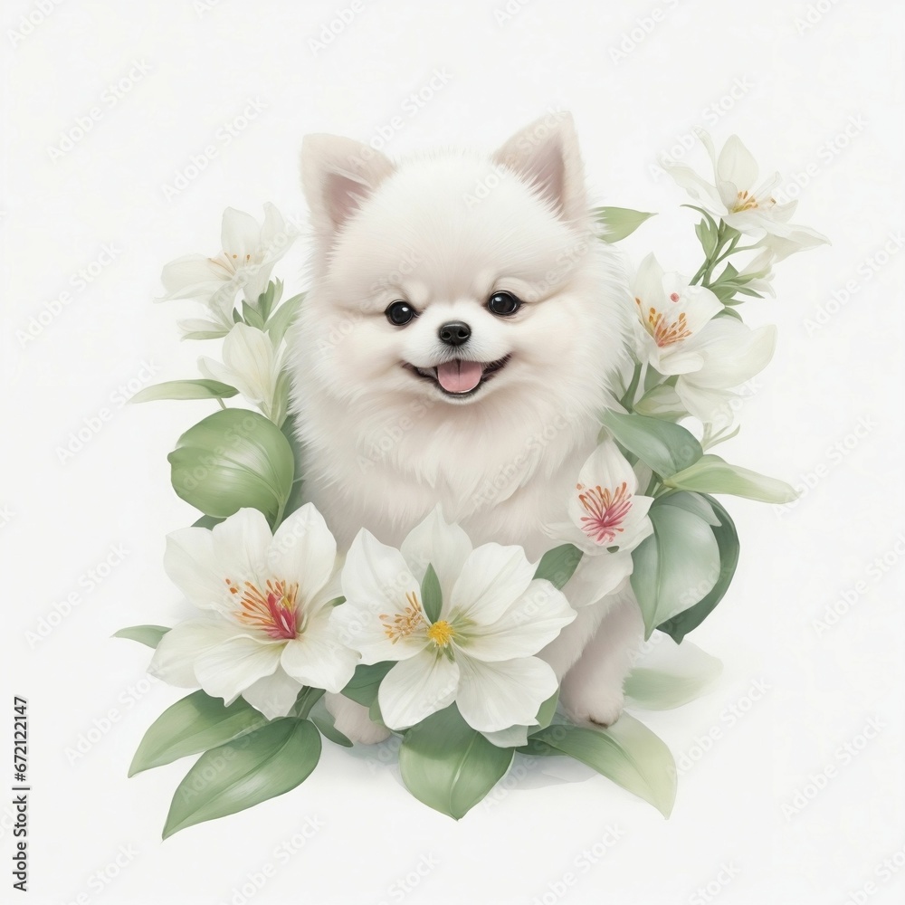 AI generated illustration of a white Pomeranian dog in flowers