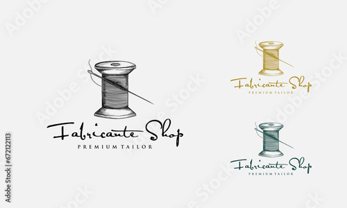 Vector illustration of a vintage logo for a tailor's workshop and a handmade clothing store. Hand Drawn thread and needle Logo template photo