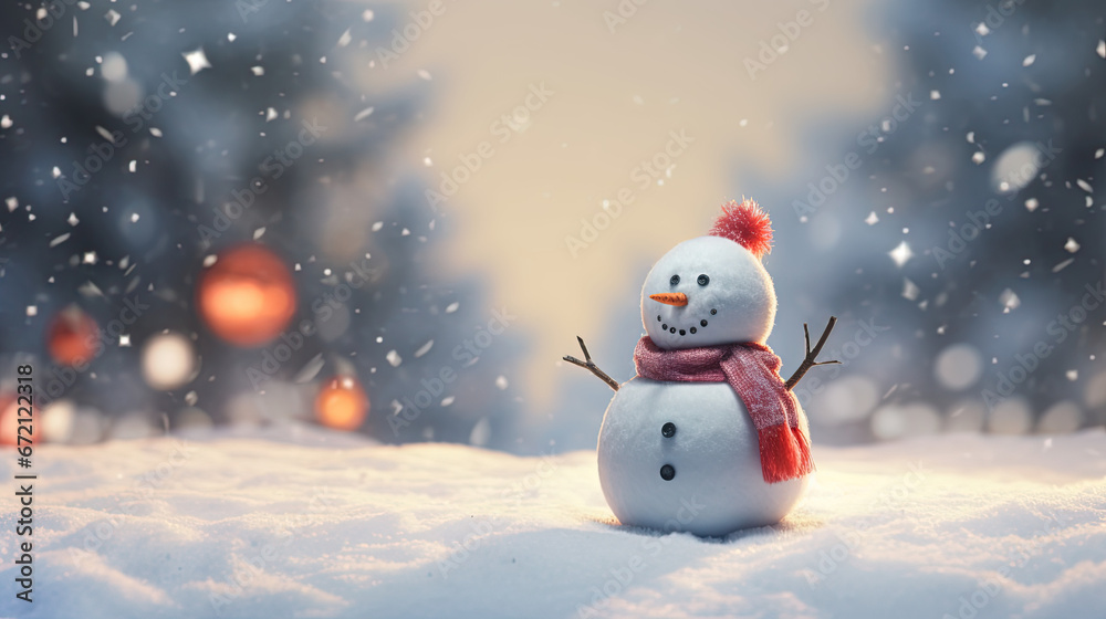 Christmas snow man standing on snow. Created with Ai