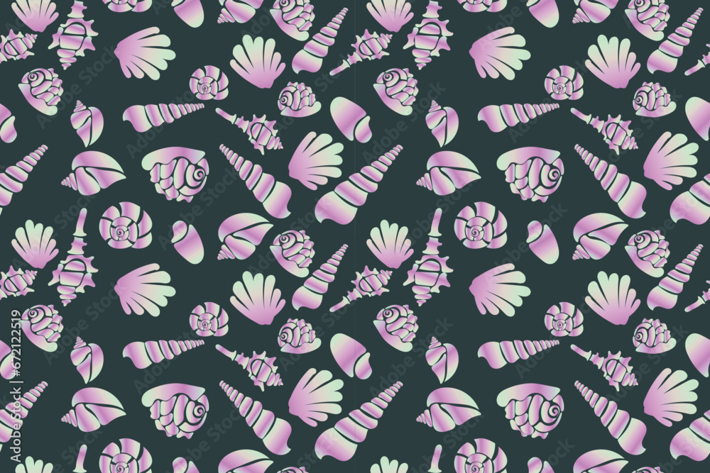 Naklejka premium vector illustration of seashell pattern background with hologram colors