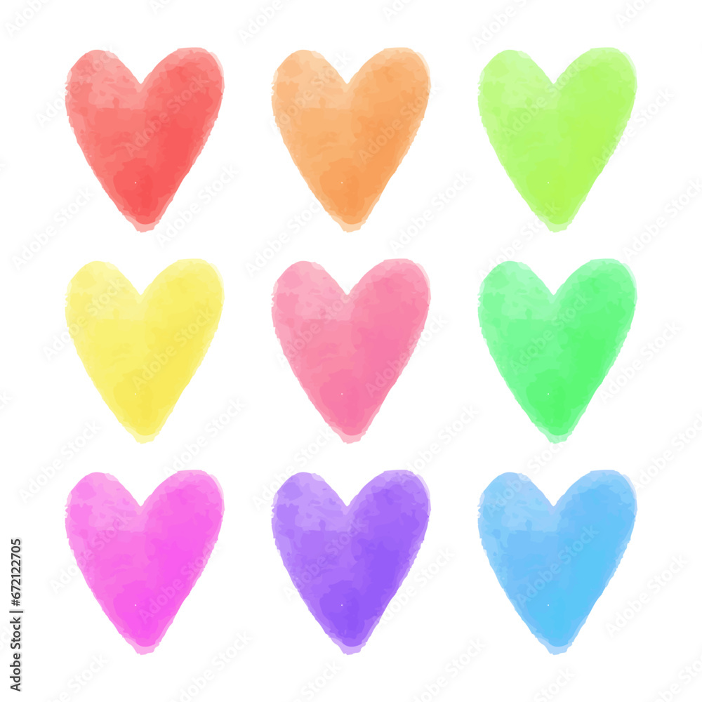 Vector colorful watercolor heart vector set, cute love illustration