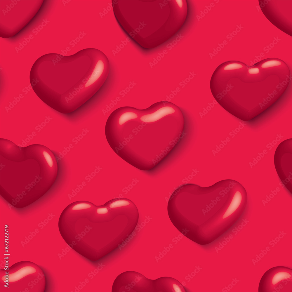 3D red hearts on red background seamless pattern. Valentine’s Day vector illustration