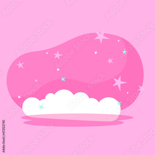 Vector fantasy pink background with clouds and stars pastel color sky landscape