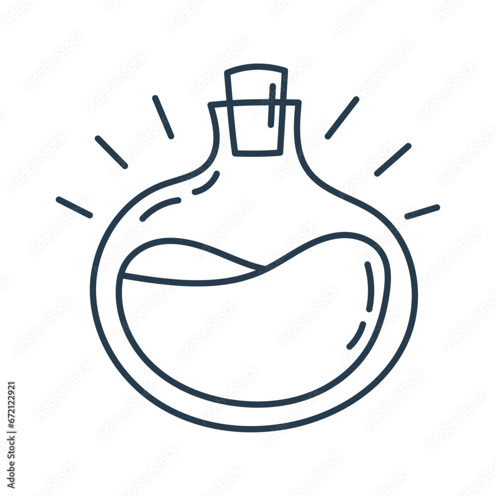 Vector round flask with cork with magic potion doodle linear cartoon Vector round flask with cork with magic potion doodle linear cartoon