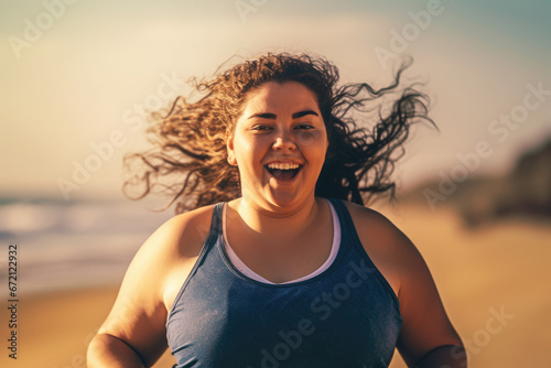 Fat girl jogging on the beach, AI generated
