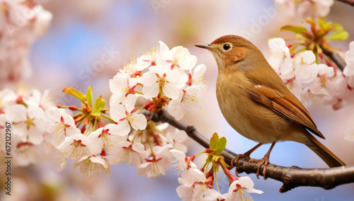 bird on a branch. nightingale bird on a flowering tree in spring