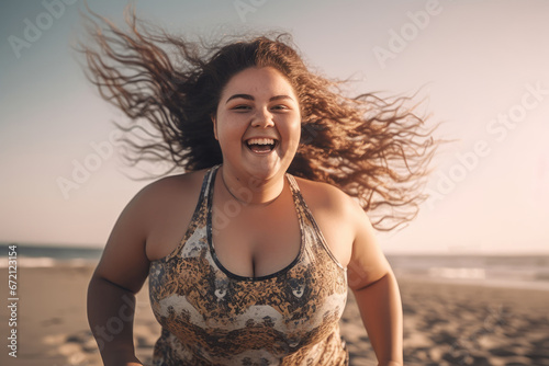 Fat girl jogging on the beach, AI generated