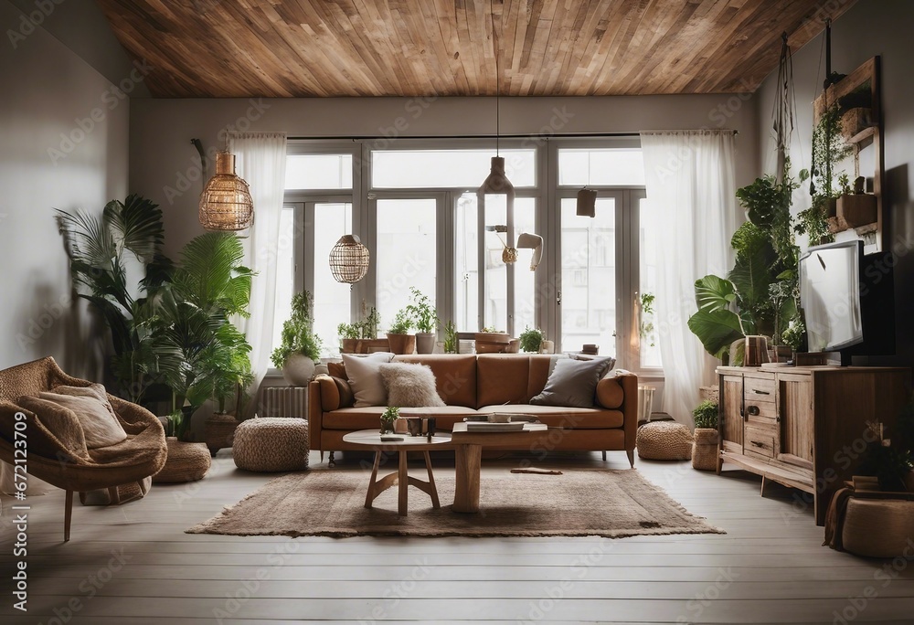 Obraz na płótnie Boho style interior design of modern living room with rustic furniture near window w salonie