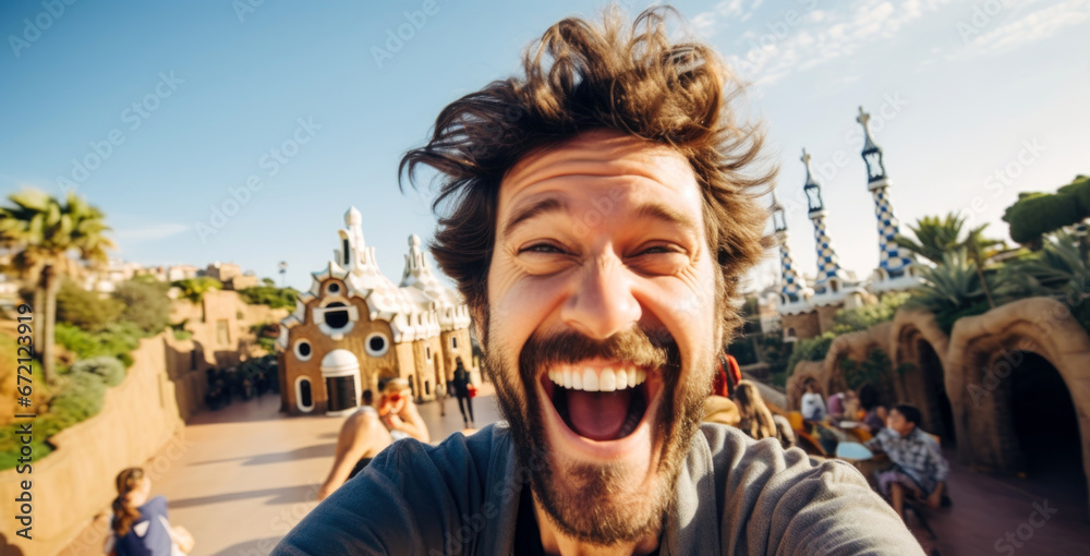 Happy tourist take selfie self in Park Guell, Barcelona, Spain