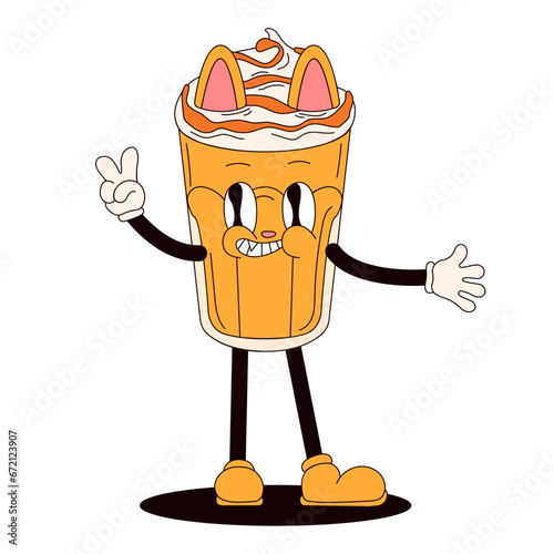 Groovy drink cat character in shape of frappe iced coffee. Cartoon style. Vector illustration isolated on a white background.