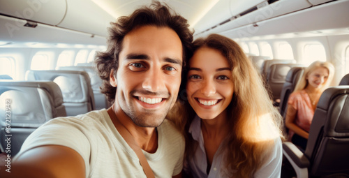  tourist taking selfie inside airplane , summer vacation - Passengers boarding on plane © Denis