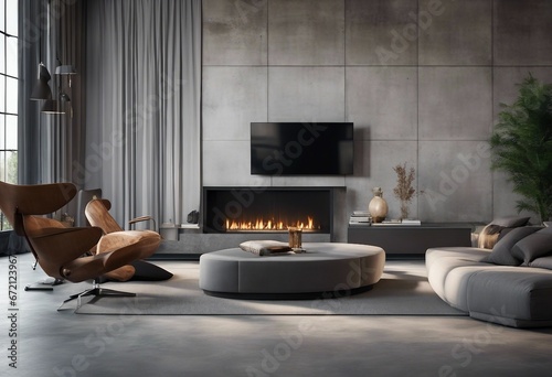 Loft interior design of modern living room with sofa and fireplace Concrete paneling walls